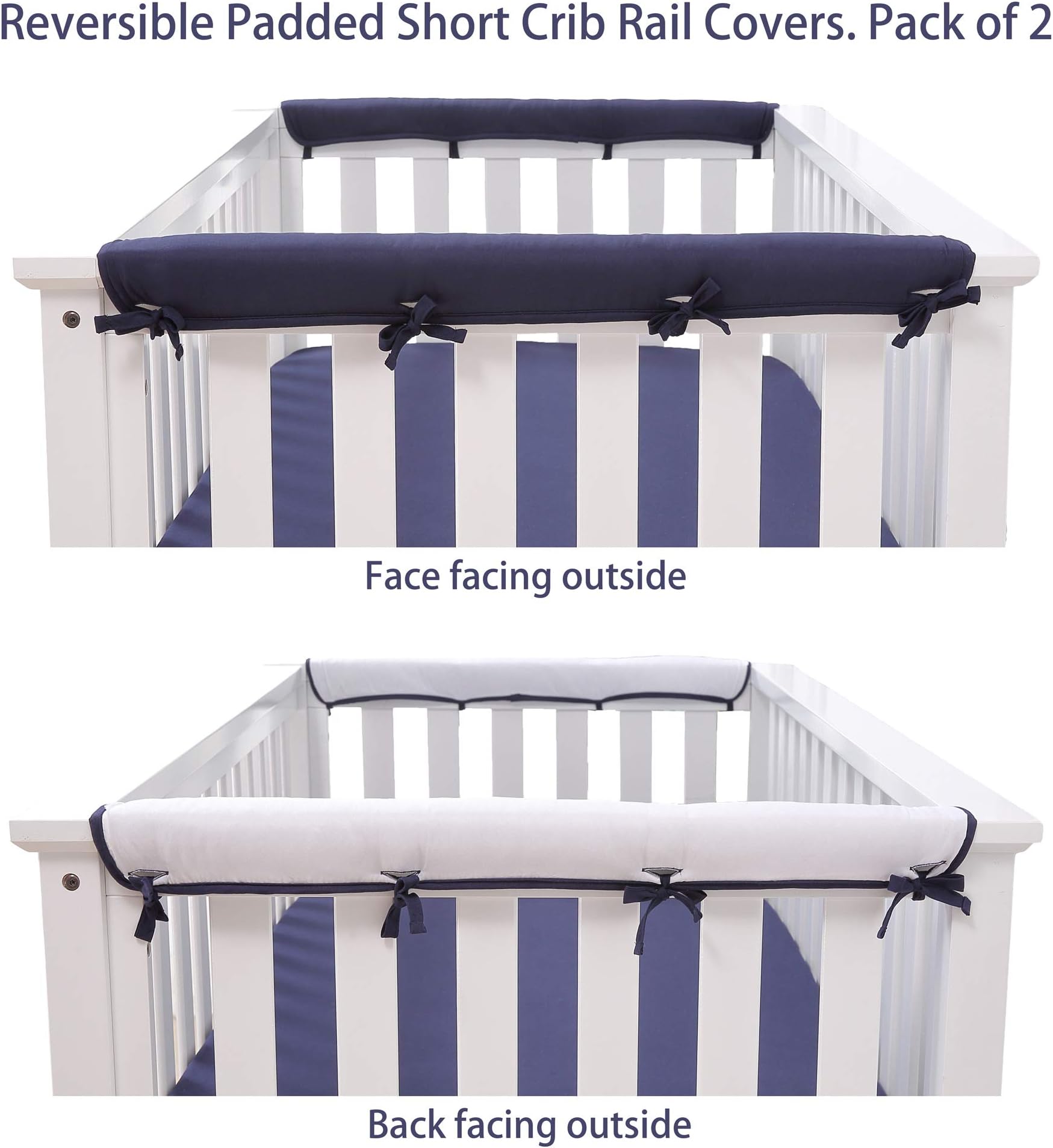 Belsden 2 Pack Soft Reversible Short Crib Rail Covers Made of Brushed Microfiber, Baby Teething Guard Bumper Protector, Breathable and Hypoallergenic, Measuring up to 8" Round, Navy and White Color