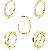 THUNARAZ 18G 16G Nose Rings Hoop for Women Men 5Pcs Surgical Steel CZ Opal Hinged Lip Nose Rings Daith Helix Cartilage Hoop Conch Rook Earrings Clicker Septum Body Piercing Jewelry 8mm 10mm