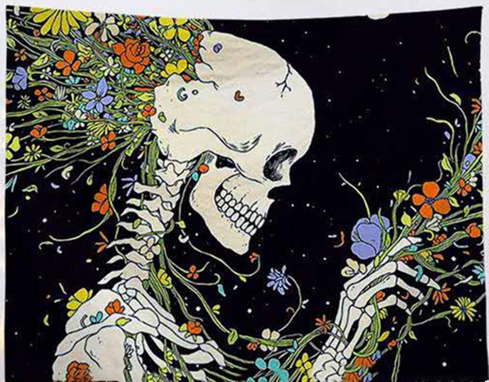 Amiiba Psychedelic Skull Floral Wall Tapestry Trippy Flowers and Skeleton Tapestry Wall Hanging Elegant Romantic Home Decoration for Bedroom Living Room (Skeleton, L - 79"x59")