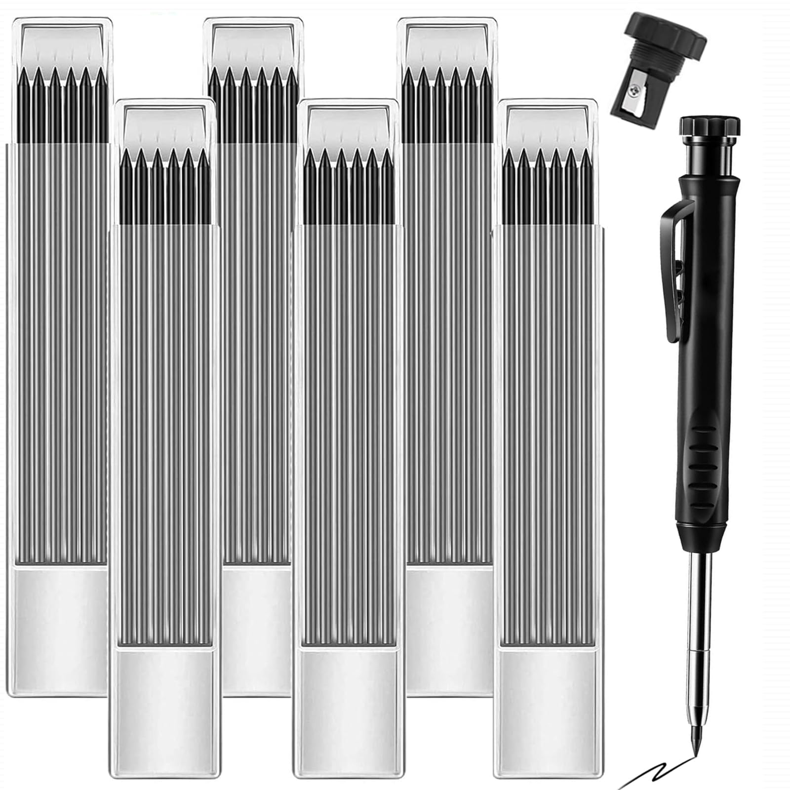 Siganorpy 1 Pack Carpenters Pencil Mechanical Pencil Set, Deep Hole Marker with Built-in Sharpener, 36 Refills 2.8mm, Long Nose Solid Joiners Pencil for Construction, Architect, Woodworking (Black)