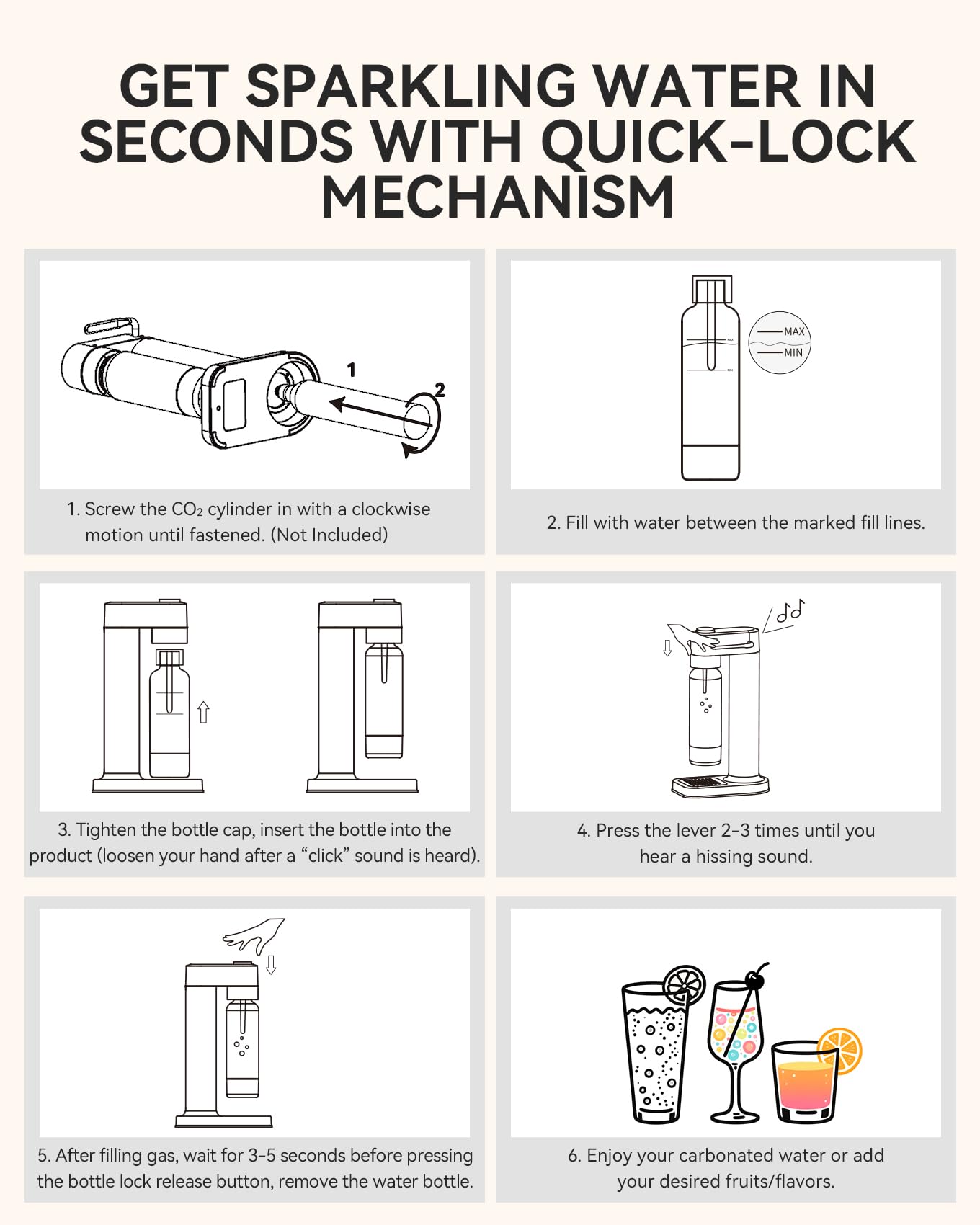 MOKKOM Sparkling Water Maker, Soda Streaming Machine with 1L PET Carbonating Bottle, Carbonates Any Drink, Soda Maker Compatible with 60L CO2 Carbonator (NOT Included) - Stainless Steel