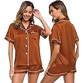 SWOMOG Womens Silk Satin Pajamas Set Short Sleeve Sleepwear Button Down Top and Shorts Loungewear 2 Piece Pjs Set XS-3XL