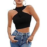 SweatyRocks Women's Sleeveless Halter Twist Front Crop Top Slim Fit Ribbed Knit Vest Tank Tops