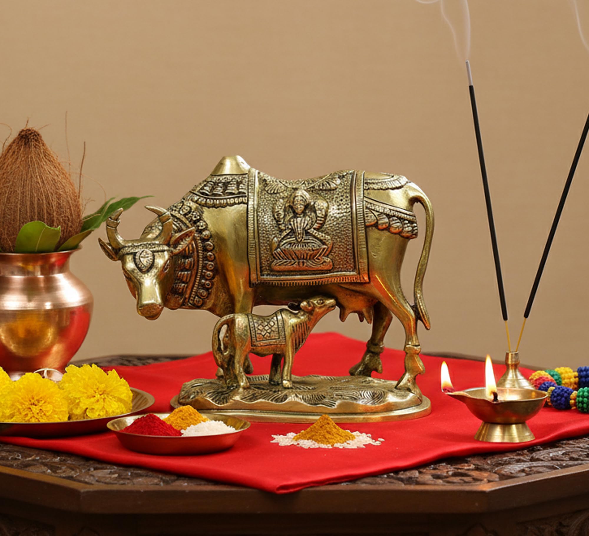 ESPLANADE Brass Holy Kamdhenu Kamadhenu Cow and Calf Sculpture - Lucky Figurine Idol Statue Sculpture (6 Inch)