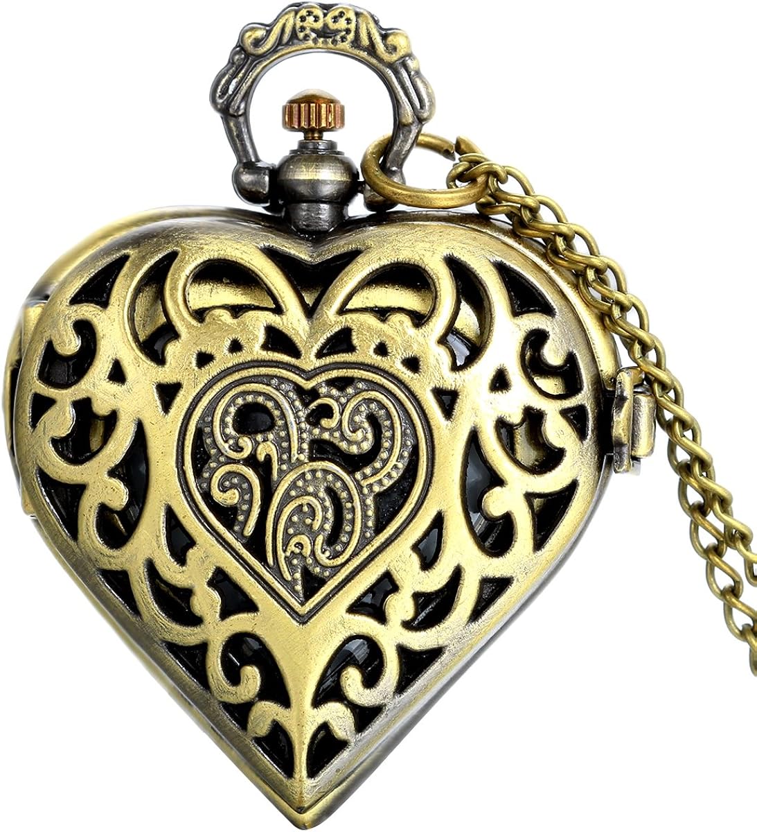 JewelryWe Vintage Heart Locket Style Steampunk Pocket Watch Pendant Long Necklace 31.5 Inch Chain (with Gift Bag)