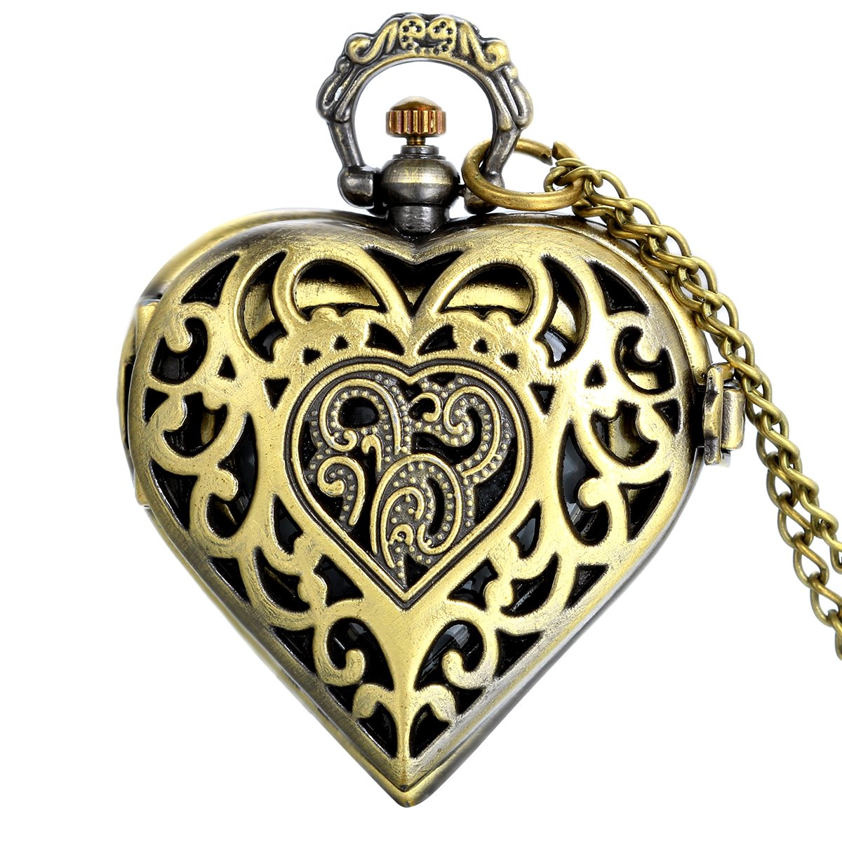 JewelryWe Vintage Heart Locket Style Steampunk Pocket Watch Pendant Long Necklace 31.5 Inch Chain (with Gift Bag)