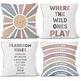 MONALET Boho Sun Rainbow Classroom Playroom Throw Pillow Covers 18x18 Set of 4, Inspirational Positive Affirmations Decor Pillow Cases Gifts for Nursery, Playroom Rules Square Pillowcases for Couch