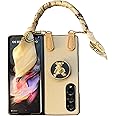 Galaxy Z Fold 3 Case with Cute Kickstand & Chain, Slim PU Leather Cover with Shockproof Non-Slip Protective for Samsung Galaxy Z Fold 3 5G 2021 Gold