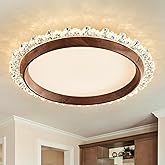 Modern LED Ceiling Light,Dimmable Wood Flush Mount Ceiling Light Fixture,3000K-6000K Round Remote Control Walnut Wood Ceiling
