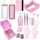 Foxtell 18 Pcs Snow Globe Tumbler DIY Kit 16 oz Pre Drilled Wall Double-Wall Snow Globe Cups with Lids Glitter Tools & Accessories Complete Craft Set for Making Custom Glitter Tumblers (Pink)