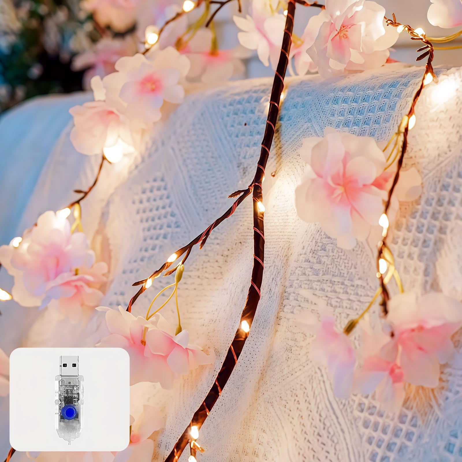Photo 1 of XINXIANLIAN 100 LED Cherry Blossom Lights, 5.9ft Fairy Lights for Bedroom, 8 Flashing Modes Cherry Blossom Branches, for Mantel, Wedding, Party and Christmas Decoration.