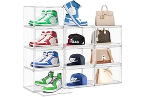EDS FAM 10 Pack Acrylic Shoe Box, Size 13 Sneaker Cases for Sneakerheads Clear Stackable Acrylic Display Case with Magnetic Door, Toy Hat Collectible Storage Organizer Bins for Entryway, Closet, Underbed