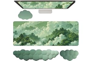 WFCYGL Green Cloud Mouse Pad and Keyboard Wrist Rest 4PCS Extended Forest Mountain Aesthetic Large Desk Mat Pad Set Memory Foam Non-Slip Cute Ergonomic Gaming Mouse Pad Wrist Support for Computer Home Office