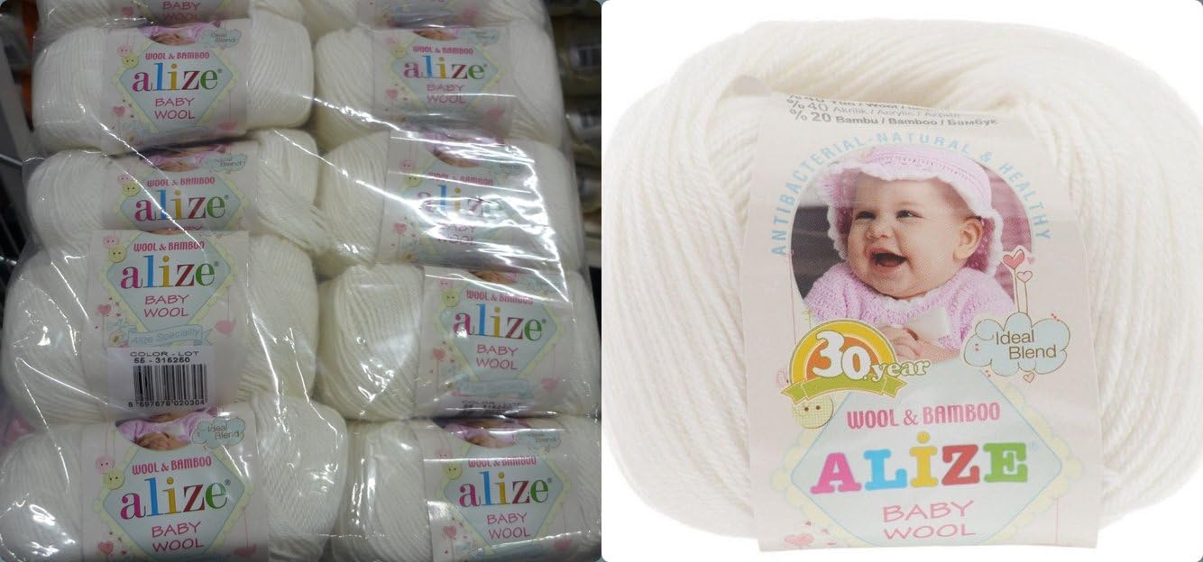 40% Acrylic 40% Wool 20% Bamboo Yarn for Baby Blanket Alize Baby Wool Thread Crochet Hand Knitting Turkish Yarn Craft Art Lot of 8 skeins 400gr 1536 yds Color White 55
