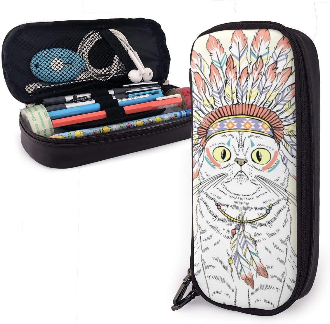 Stationery Pencil Case,American Indian Cat Leather Pencil Case Zipper