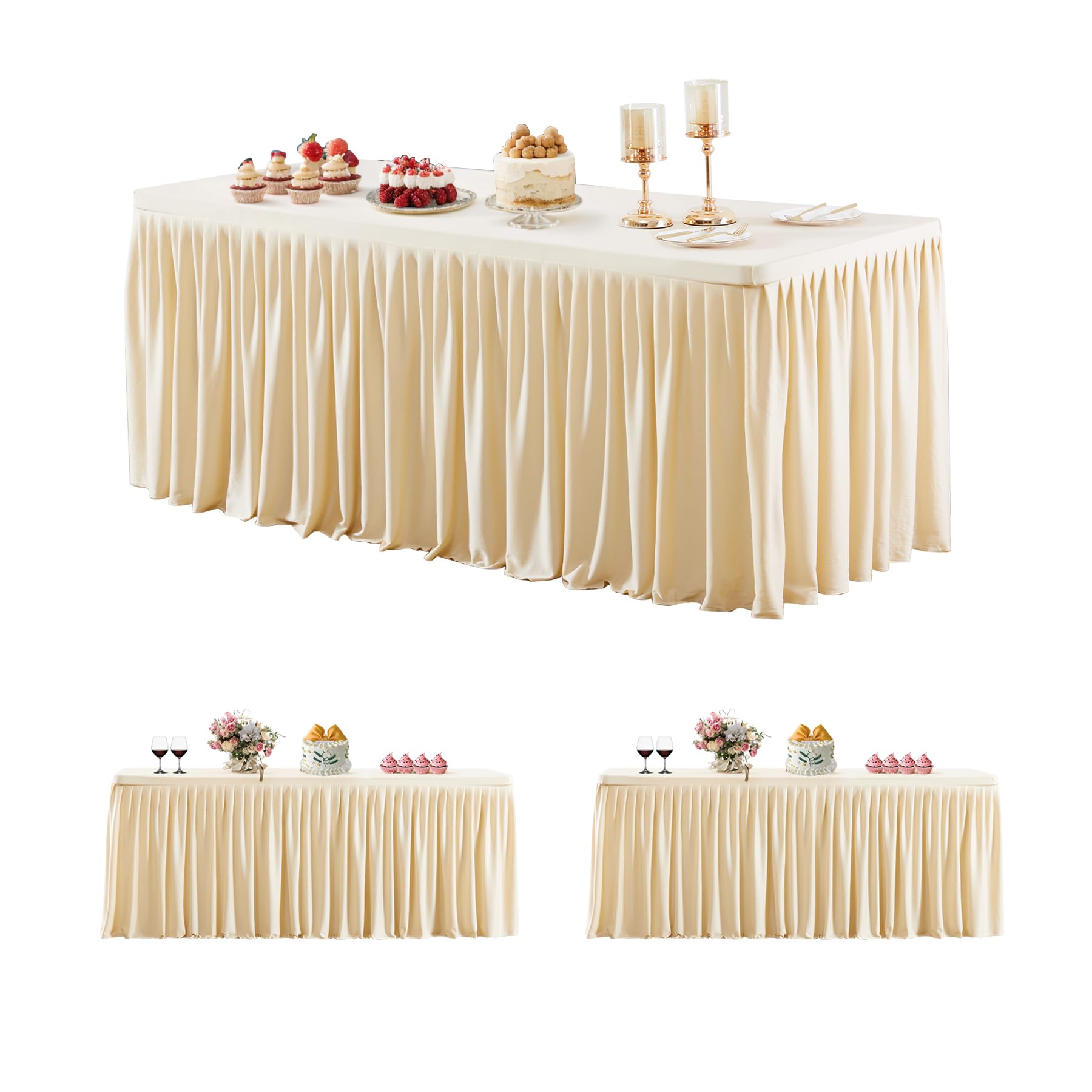 Photo 1 of 3 Pack 6ft Spandex Champagne Tablecloth for Rectangle Tables Fitted, Open Back Washable Wrinkle Resistant Stretch Rectangular Champagne Ruffle Table Cloth Cover for Event Wedding Banquet and Parties