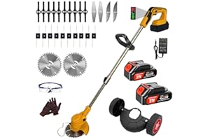 HWLANTU Electric Weed Wacker Battery Powered Cordless Lightweight Edger Portable Grass Trimmer/Lawn Edger/Mower/Brush Cutter, with Power Display & Wheels for Yard and Garden Weeder Tool