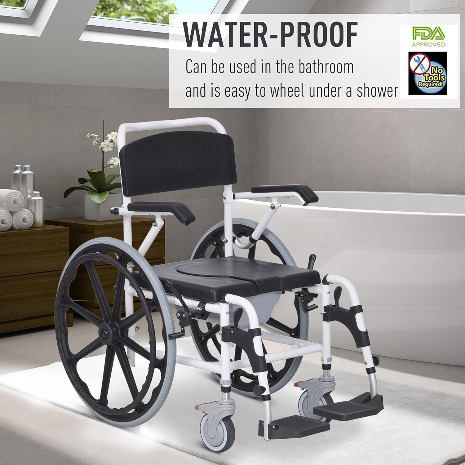 HomCom Rolling Shower Wheelchair Bath Toilet Commode Bariatric with 24" Wheels, Detachable Bucket & Shower-Proof Design, Black: Health & Personal Care