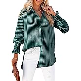 Women's Striped Button Down Shirts Long Sleeve Smocked Cuffed Oversized Boyfriend Blouses Collared Work No Pockets Tops