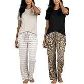 Real Essentials 2 Pack: Women's Comfy Pajama Sets - Short & Long Sleeve Ladies Loungewear Sleepwear PJs (Available In Plus)