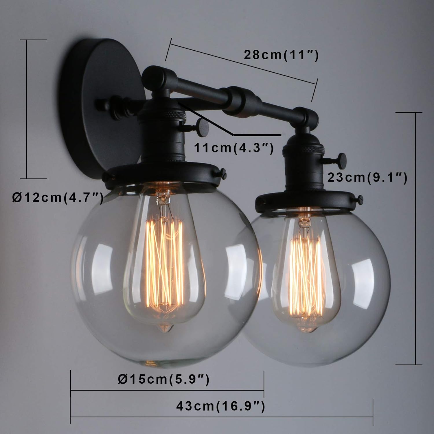 Phansthy Wandleuchte,wandlampe,2 Flaming, Klar Glas Kugeln,Retro Design