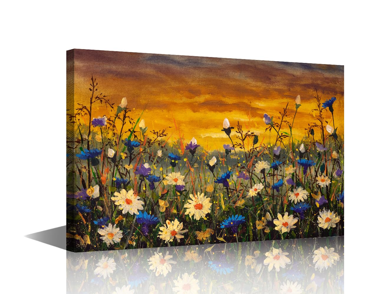 TISHIRON Wall Art Canvas Prints,White and Blue Cornflowers Oil Paintings Prints Landscape Impressionism Artwork Daisies Flowers Framed for Living Room Bedroom Home Decor 30x45 CM — image 1