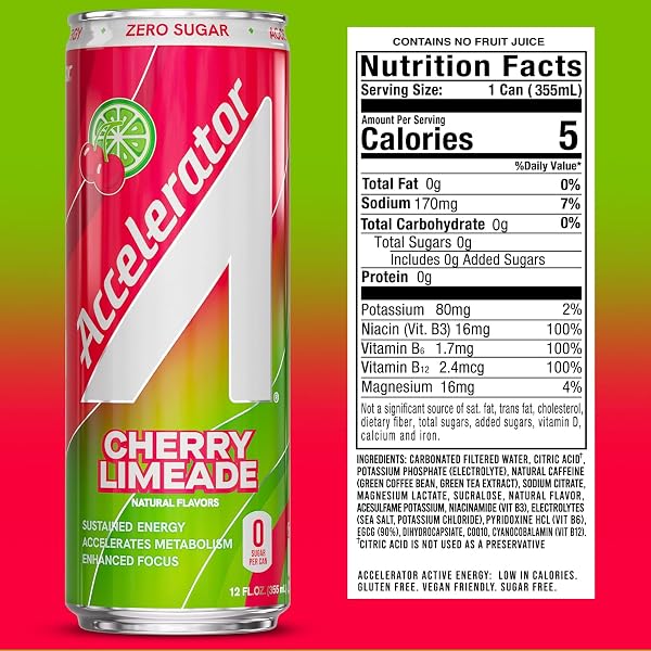 ACCELERATOR ENERGY DRINK, CHERRY LIMEADE 12OZ CAN (12 PACK), ZERO SUGAR, SUSTAINED ENERGY FROM 100% NATURAL CAFFEINE (200MG FROM GREEN COFFEE BEAN & GREEN TEA EXTRACT)