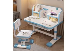 GIFZES Children Learning Desk and Chair Set, Children Study Desk with Chair,Kids Widened Desktop Cartoon Pattern Desk Chair, Suitable for Reading, Learning, Writing, Painting, Etc Blue(Blue-B)