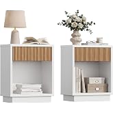 ELEVACHIC Nightstands Set of 2, Fluted Wooden Bed Side End Table | Modern Night Stand with Hidden Drawer and Open Storage Organizer for Bedroom Small Space, White &amp; Oak