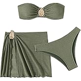 GORGLITTER Women's Strapless Bandeau Swimsuits High Waisted Cheeky Metal Bikini Sets with Bathing Suit Cover Up Skirts