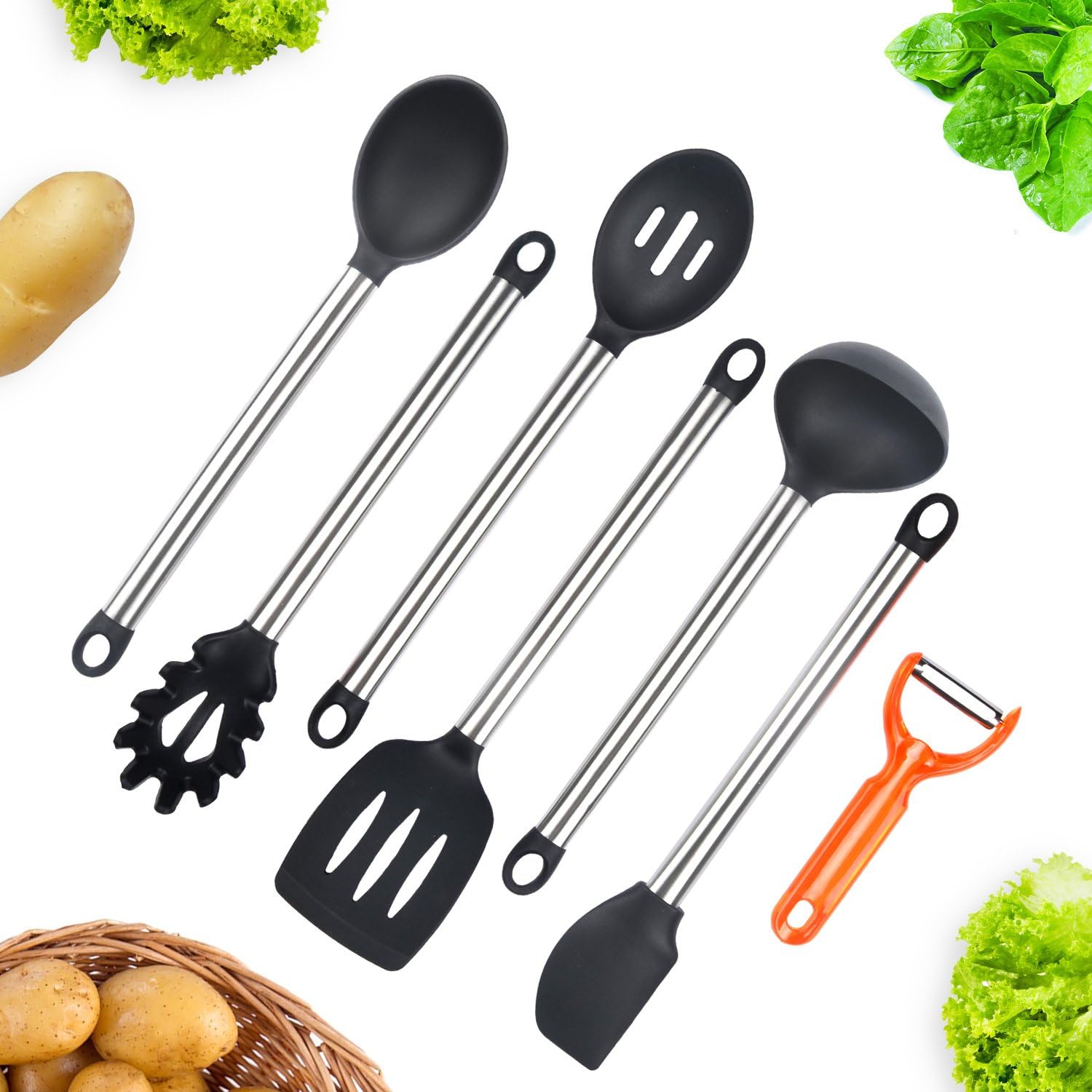 Wik Suang Silicone Kitchen Utensils 6 Pieces Stainless Steel Handle Cooking Utensils Set including Serving Spoon, Deep Ladle, Turner, Sloted Spoon, Spaghetti Server, Spatula, Plus Bonuns Peeler!