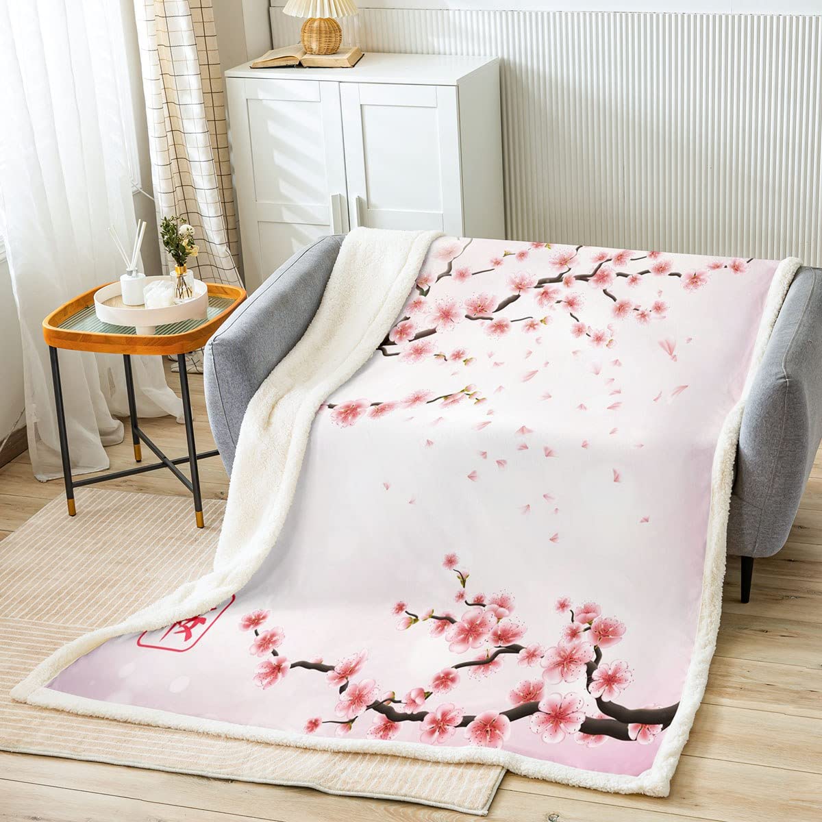 Homemissing Cherry Blossoms Fleece Throw Blanket Girly Pale Pink Blossom Petal Sherpa Blanket For Kids Girls Women Watercolor Floral Fuzzy For Sofa Bed Japanese Style,Double 60x79 Inch