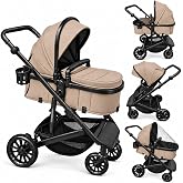 Khaki 2-in-1 Baby Stroller with Reversible Seat and Airless Wheels | Reversible Sit-or-Lie Seat, 4-Sided Airflow, Mosquito Net, Leather Handle, Aluminum Frame, Airless Wheels and Cup Holder