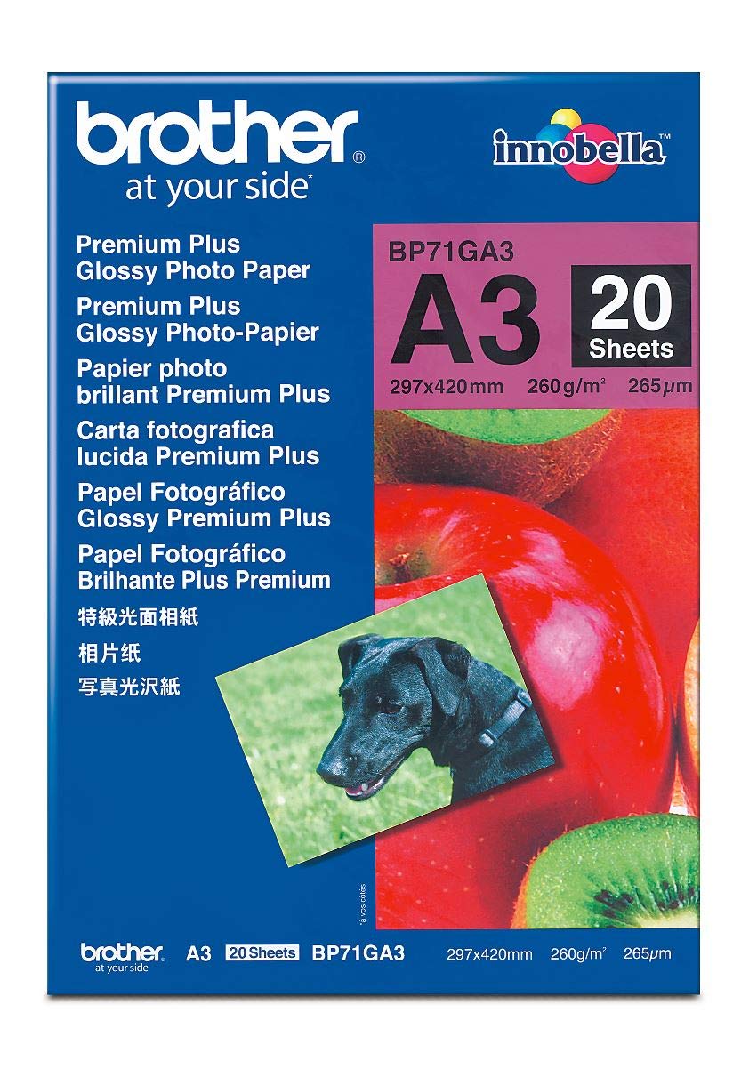 Brother BP71G Photo Paper, Premium Plus Glossy, 20 Sheets, Brother Genuine Supplies, White, A3, 297 mm (W) x 420 mm (L)