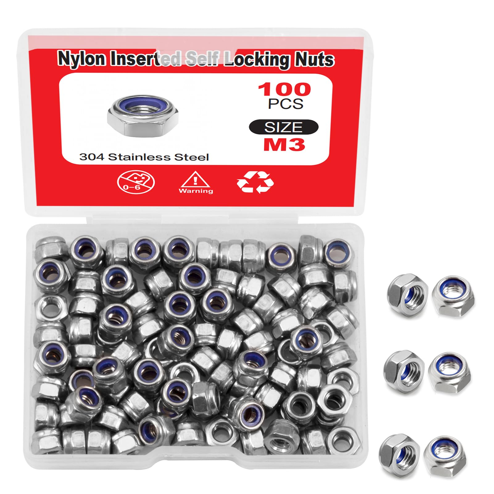 LEONTOOL 100 Pcs M3 x 0.5mm Nylon Inserted Self Locking Nuts Hex Lock Nuts Assortment 304 Stainless Steel Self Clinching Nuts Finish Hex Lock Nut Plain Finish Inserted Hex with Storage Box