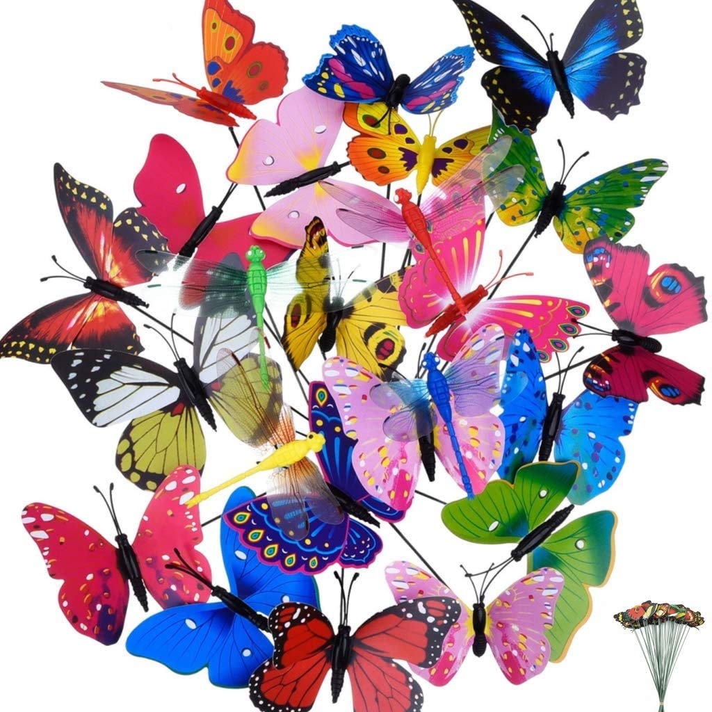 byou Garden Butterflies Stakes,20 pieces Colorful Garden Butterflies and 4 pieces Dragonflies Stakes for Plant Yard Patio Party Decorations 30 * 12cm