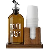 Amber Glass Mouthwash Dispenser for Bathroom, 16 OZ Mouthwash Dispenser with Pour Spout and Acacia Wood Cup Holder and Tray, Mouth Wash Bottle Container for Kitchen Bathroom Decor and Accessories