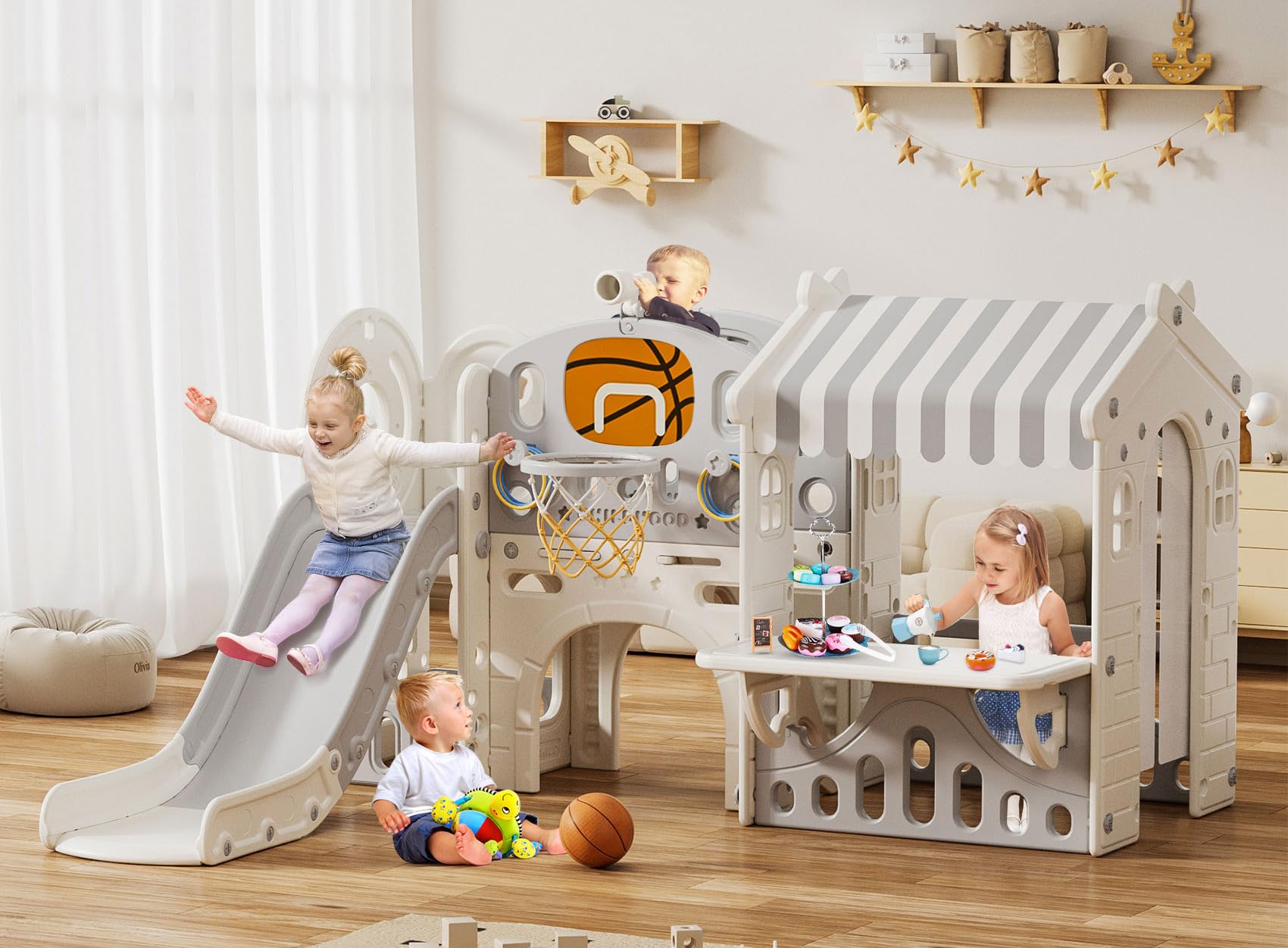 Photo 1 of *** PRE OPENED***BIERUM 10 in 1 Toddler Slide with Basketball Hoop, Outdoor Slide for Toddlers Age 1-3 with Kid Playhouse, Indoor Toddler Playset Toddler Playground with Afternoon Tea Toy Set