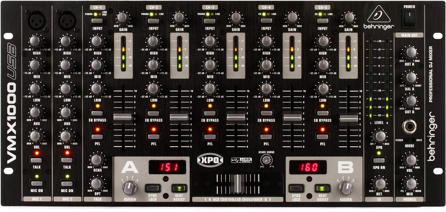 Behringer Pro Mixer VMX1000USB Mezclador de DJ profesional de montaje en rack de 7 canales con interfaz USB/Audio, negro