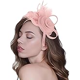 Hotalisona Fascinators Hats for Women Tea Party Pink Derby Hats for Women Feather Tulle Fascinator with Headband and Clip for Cocktail, Wedding, Fancy Dress Party