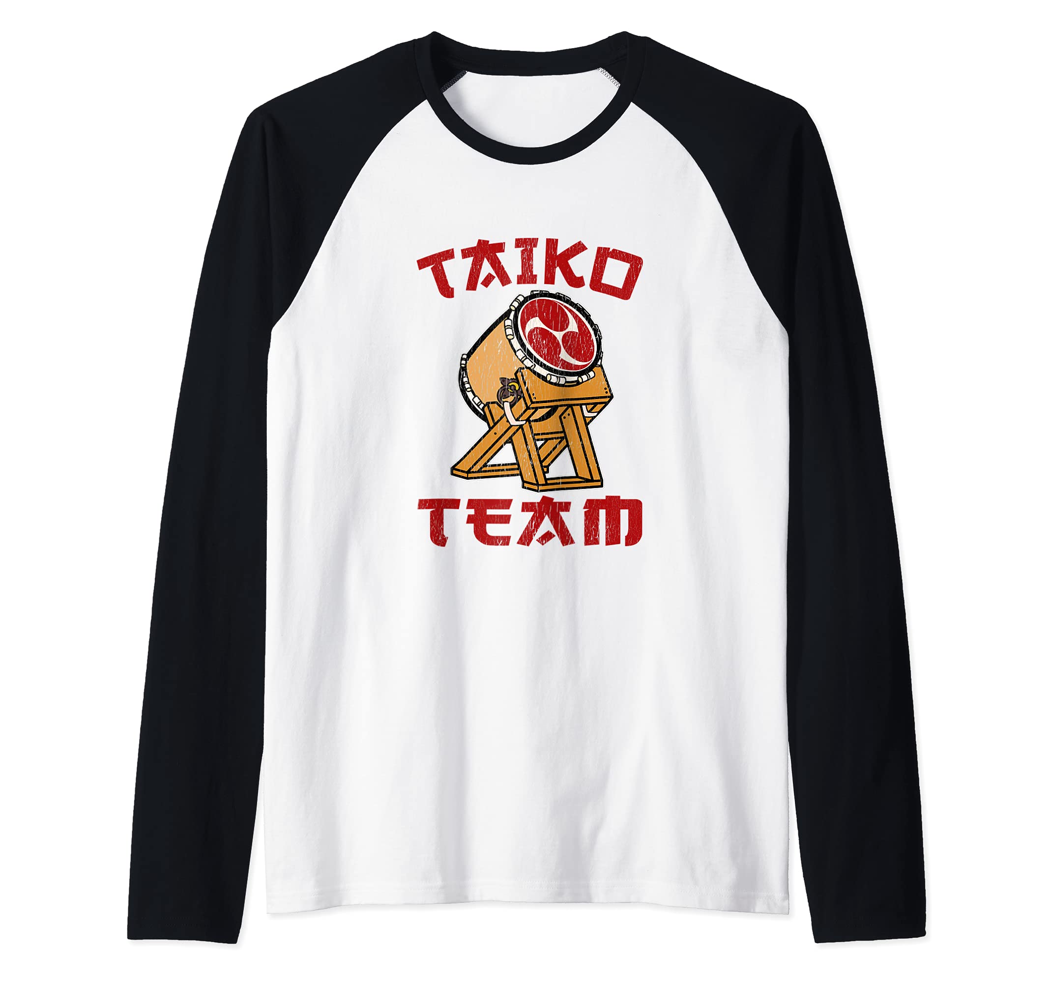 TAIKO DRUM RED MITSUDOMOE SYMBOL PRACTICE DESIGN Raglan Baseball Tee