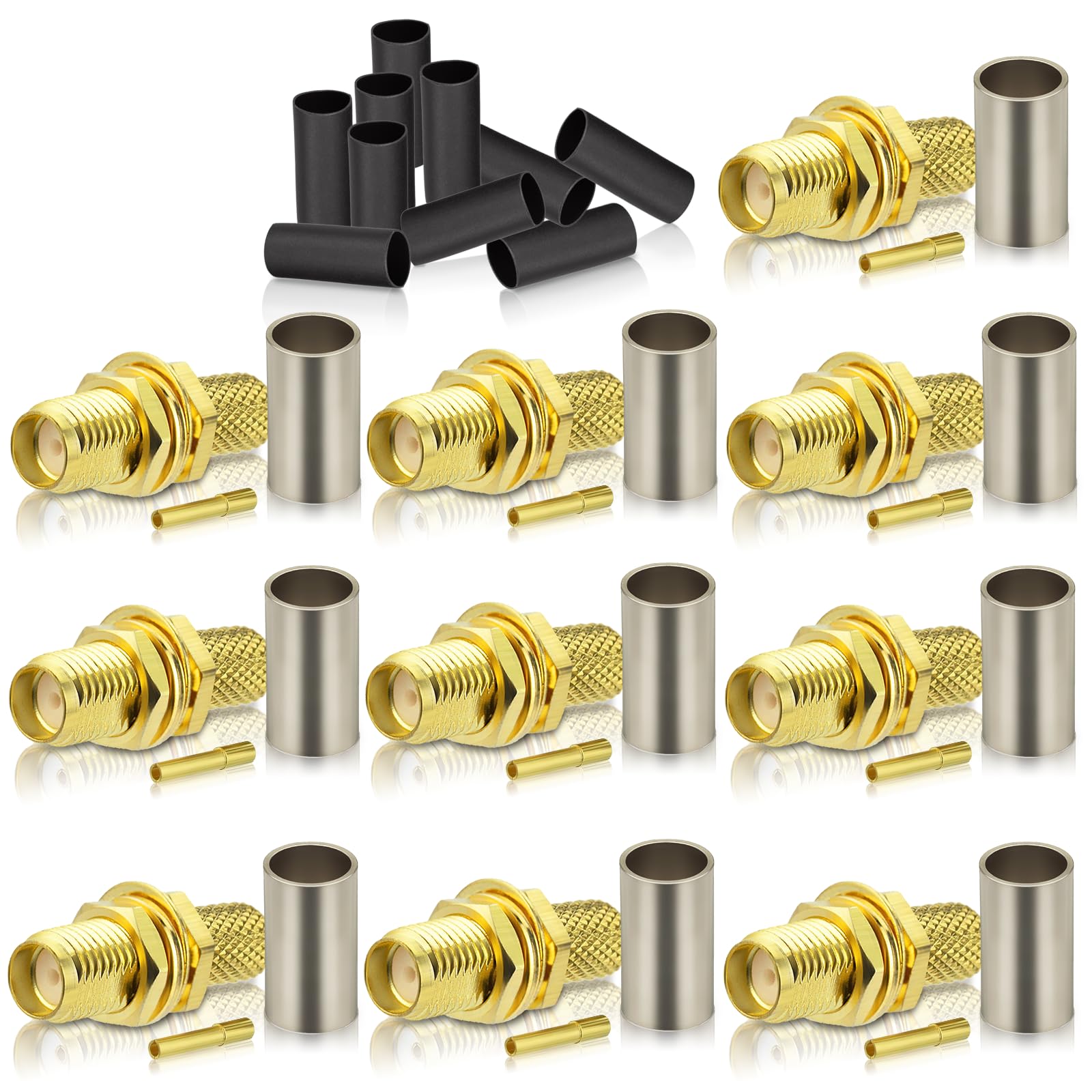 Bingfu SMA Female Connector Bulkhead Mount Crimp Solder Attachment 50 Ohm Gold Plated Copper Connector (10-Pack) Compatible with RG58 RG303 RG141 RG142 RG400 Low Loss 195 Coaxial Coax Jumper Cable