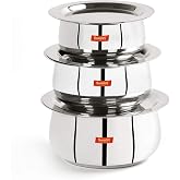 Sumeet Stainless Steel Belly Shape 3 Pc Tope/Cookware/Pot Set with Lid 380ML, 500ML, 780ML, (Silver)