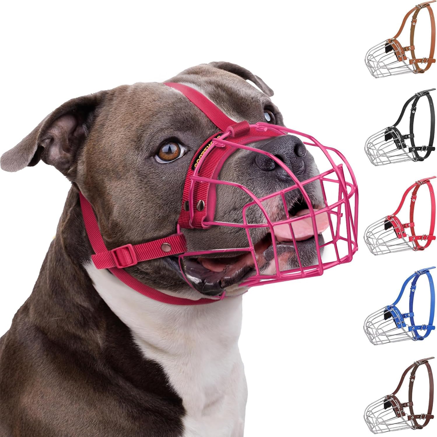 BRONZEDOG Pitbull Dog Muzzle Metal Mask Amstaff Wire Basket Pit Bull Adjustable Nylon Straps for Large Dogs