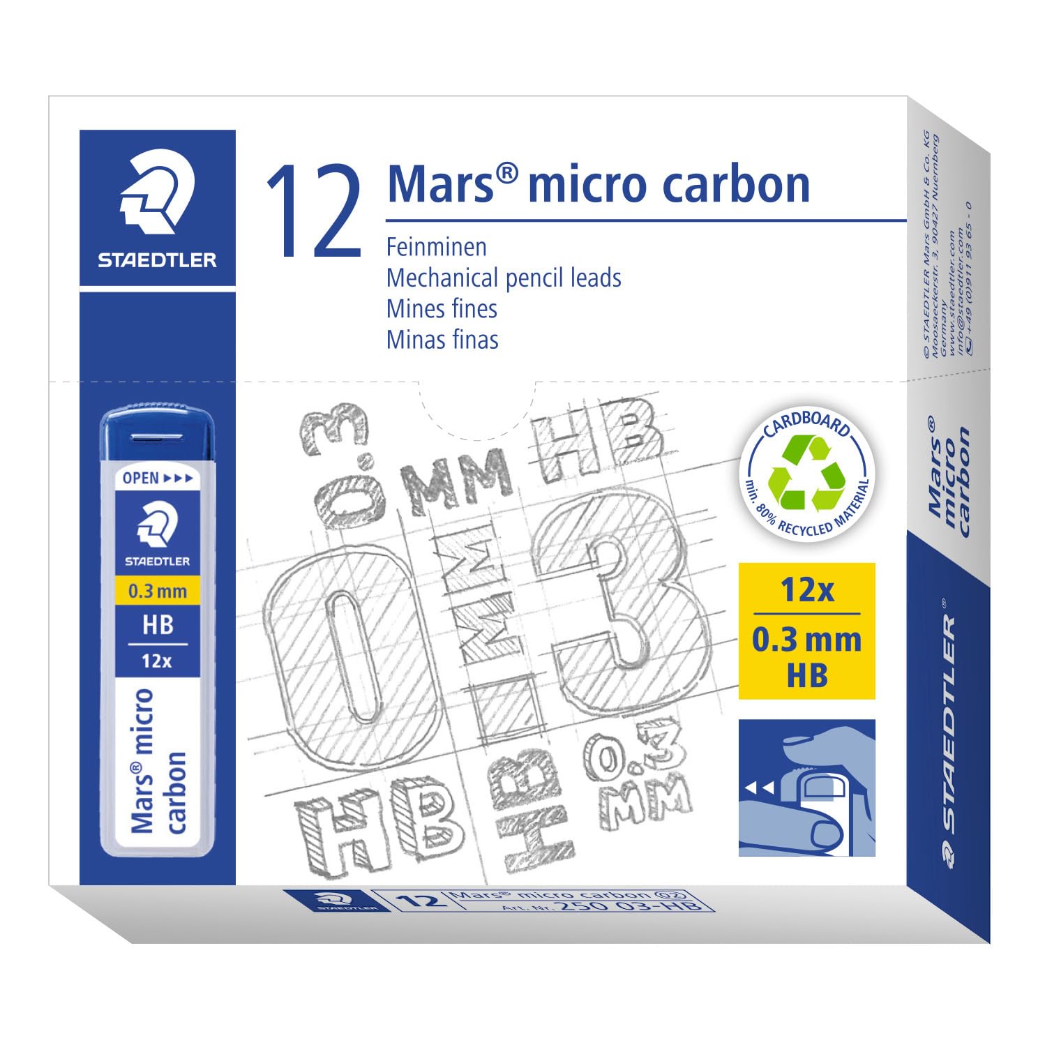 STAEDTLER 250 03-HB Mars Micro Refill Leads for Mechanical Pencils - HB, 0.3mm (Box of 12 x Tubes of 12 Leads)