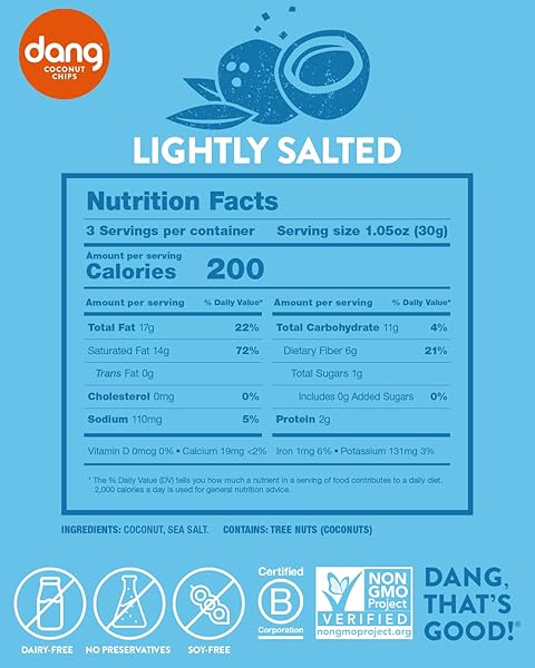 DANG KETO TOASTED COCONUT CHIPS | LIGHTLY SALTED UNSWEETENED | 1 PACK | KETO CERTIFIED, VEGAN, GLUTEN FREE, PALEO FRIENDLY, NON GMO, HEALTHY SNACKS MADE WITH WHOLE FOODS | 3.17 OZ RESEALABLE BAGS