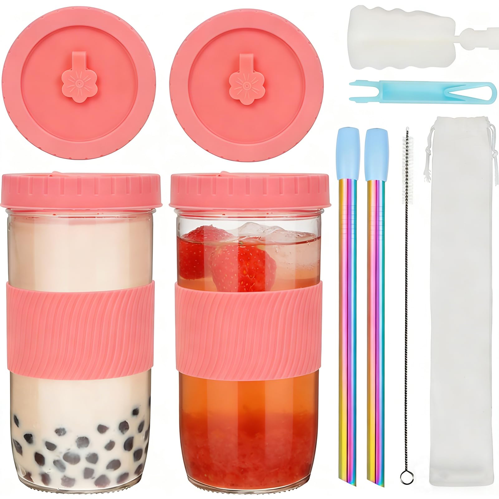 ZgoEC 2 Pack Reusable Bubble Tea Glass Cups, 24oz Tumbler Glasses with Lids and Straws, Leakproof Drinking Cups for Drinks, Iced Coffee Smoothie Juice, for Bubble Lovers (Pink)