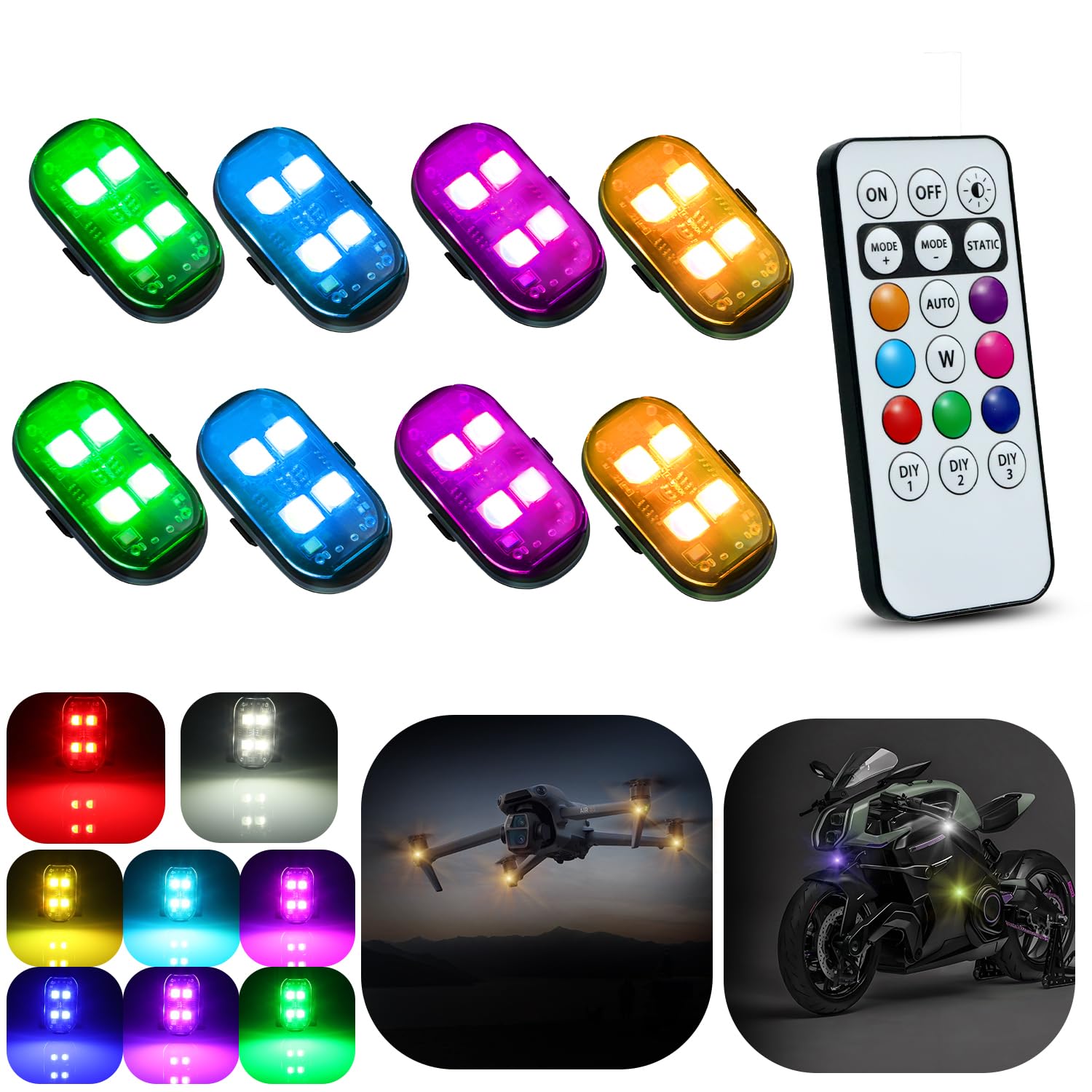 Photo 1 of GSOWO 8PCS Flashlight, 8 Colors Waterproof Flashights, Type-C Rechargeable LED Warning Light for Motorcycle Bike Drone Aircraft Car New Year