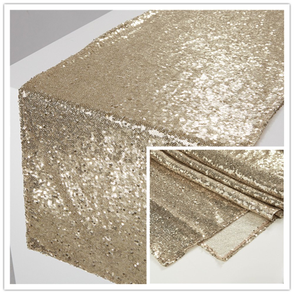 YZEO 12"x108" Light Gold Sequin Table Runner Sparkly Table Linens For Christmas Dessert Time Home Day Birthday Party