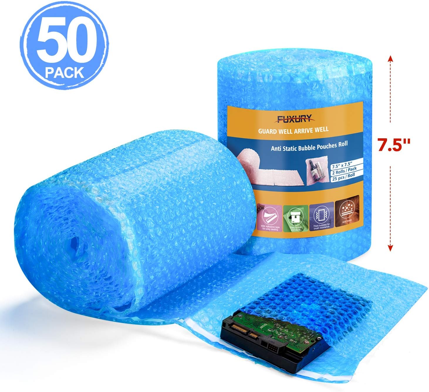 Fuxury Blue AntiStatic Bubble Pouches 7.5x7.5 Inch, 2